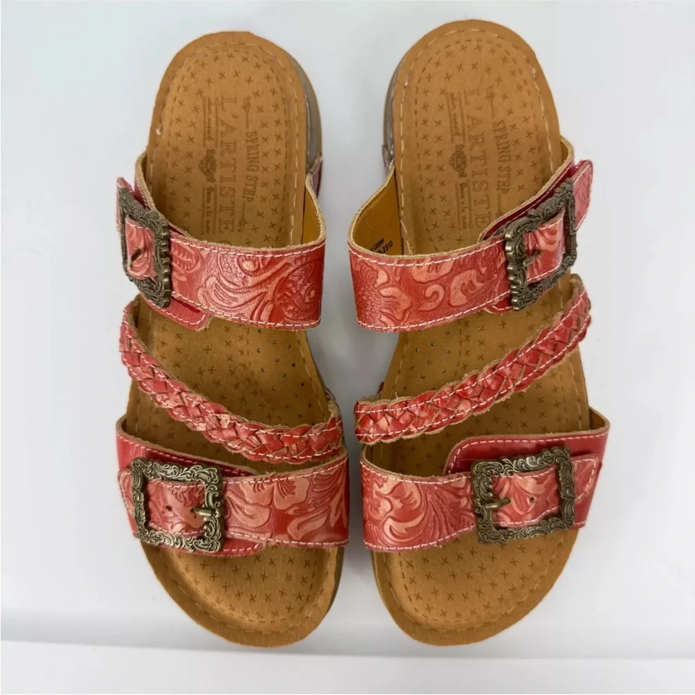 L'Artiste Spring Step ASTRA Red Leather Strappy Buckle Slip On Sandals 41 US 10 - Picture 2 of 8